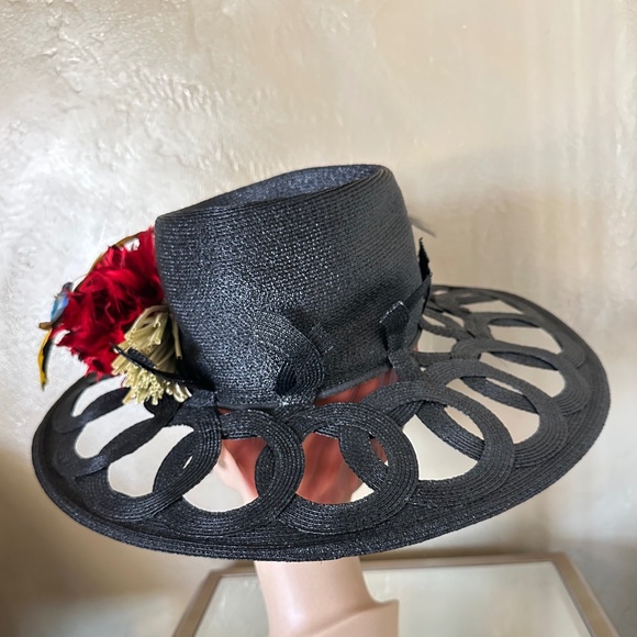 COLORFUL BLACK STRAW VINTAGE HAT + OPEN BRIM DESIGN + FABRIC FLOWERS & BUTTERFLY main image 10